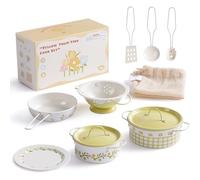 ROBOTIME Ustensiles de cuisine en fer blanc, ensemble d'ustensiles de cuisine à fleurs jaune crème, mini accessoires de cuisine, casseroles et poêles avec un sac en filet, style français pour enfants