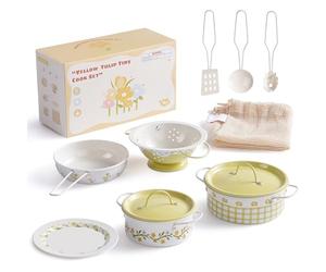ROBOTIME Ustensiles de cuisine en fer blanc, ensemble d'ustensiles de cuisine à fleurs jaune crème, mini accessoires de cuisine, casseroles et poêles avec un sac en filet, style français pour enfants
