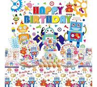 Robots de décoration d'anniversaire, fond Happy Birthday, vaisselle, nappe et ballons, accessoires pour garçons et filles, Baby Shower, servis 20 ans