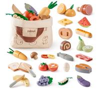 ROBUD Accessoires de cuisine de jeu en bois 4 en 1 pour couper des fruits, légumes, viande, aliments pour enfants avec sac de rangement, cadeau fille garçon à partir de 3 ans