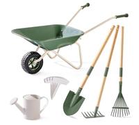ROBUD Brouette en métal pour enfants avec outils de jardin pour enfants, brouette avec pelle longue, hache, râteau, arrosoir, étiquettes pour plantes, outils de jardinage pour filles et garçons à