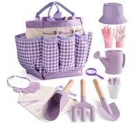 ROBUD Ensemble de jardinage pour enfants de 17 pièces avec arrosoir, tablier, fourchette et pelle, pelle cylindrique, gants de jardinage et sac fourre-tout, jouets de jardin d'extérieur pour