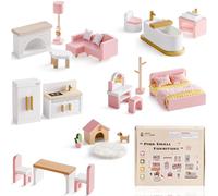 ROBUD Ensemble de Meubles en Bois pour Maison de poupée, 28 pièces, Accessoires de Meubles de poupée, Chambre à Coucher, Cuisine, Salon, Salle à Manger, Cadeau Rose pour Enfants
