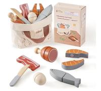 ROBUD Ensemble de nourriture en bois, jouet de découpe pour enfants - Accessoires de cuisine avec sac de rangement - Cadeaux pour filles et garçons de 3 ans et plus