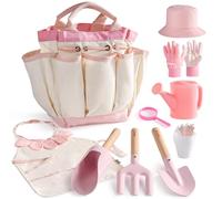 ROBUD Ensemble d'outils de jardinage pour enfants, 17 pièces avec arrosoir, fourchette et pelle, pelle cylindrique, gants de jardinage, tablier, chapeau, sac fourre-tout, jouets d'extérieur pour
