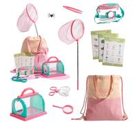 ROBUD Kit d’Exploration pour Enfants, 8 Pièces Ensemble d’Aventure Extérieure avec Filet à Papillons, Loupe, Boîte à Insectes, Sac de Transport, Jouet de Camping pour Filles et Garçons 3-12 Ans, Rose