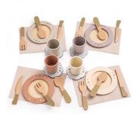 ROBUD Lot de 4 plats de cuisine en bois, 29 assiettes et couverts pour jeux de rôle, accessoires de cuisine, cadeaux pour filles et garçons