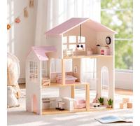 ROBUD Maison de poupée en bois à 3 étages avec 37 meubles et accessoires de poupée - Maison de poupée avec 5 pièces et serre, cadeau pour enfants de 3 ans et plus, 69,5 x 64,5 x 27,5 cm