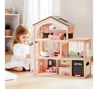 ROBUD Maison de poupée en Bois, Villa de poupée avec Meubles, avec Ascenseur, Garage, tonnelle et Piscine, Cadeau pour Enfants à partir de 3, 4, 5, 6 Ans et Plus, Noir
