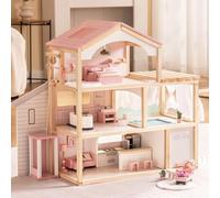 ROBUD Maison de poupée en Bois, Villa de poupée avec Meubles, avec Ascenseur, Garage, tonnelle et Piscine, Cadeau pour Enfants à partir de 3, 4, 5, 6 Ans et Plus, Rose
