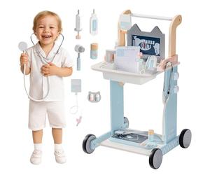 ROBUD Mallette de médecin pour enfant avec chariot médical, mallette de docteur en bois à partir de 3 ans, jouet vétérinaire, jeu de rôle avec stéthoscope, seringue, jouet éducatif pour filles et