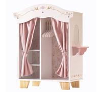 ROBUD Meubles de poupée en bois, armoire de poupée avec miroir, 5 crochets, rideaux en velours, accessoires de poupée en bois élégants et vintage, convient pour poupées de 40,6 à 50,8 cm, cadeau pour