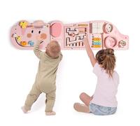 ROBUD Montessori Planche de motricité en Bois - 11 en 1 - Jouet Mural pour Enfants à partir de 18 Mois - Jouet Montessori pour bébé avec Xylophone, Tambour, Miroir et pièces pivotantes - Rose