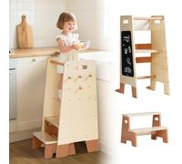 ROBUD Tour d'apprentissage en bois pour tout-petits, tabouret de cuisine avec tableau noir, crème et marron WF011