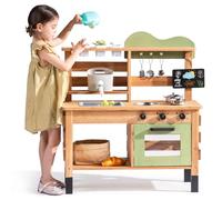 ROBUD WG427 Ensemble de cuisine en bois pour enfants avec étagère de rangement, bois naturel et vert