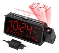 ROCAM Réveil Projecteur Plafond, Radio Reveil à Projection 180°, 5 Niveaux de Luminosité Réglables, 2 Alarmes avec Mode W nd/Jour de Semaine, Snooze, Température, Veilleuse, Ports USB et Type-C