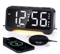 ROCAM Réveil Puissant avec Vibration, Réveil Numérique avec Grandes Chiffres, Double Alarme, Volume & Luminosité Réglables, Affichage Jour de la Semaine, DST, USB, Veilleuse, Idéal pour Gros Dormeurs