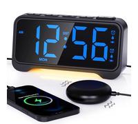 ROCAM Réveil Très Fort avec Vibration, Réveil Numérique avec Grandes Chiffres, Double Alarme, Volume et Luminosité Réglables, Veilleuse, Affichage du Jour, DST, USB - Idéal pour Sourds, Gros Dormeurs