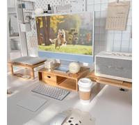 ROCDEER Bamboo Étagère double écran pour 2 moniteurs, support de moniteur, y compris rangement pour fournitures de bureau, et prend en charge les moniteurs d'ordinateur, lourde TV Riser jusqu'à 130