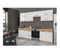 Cuisine complète - Mélaminé chêne Lancelot et blanc brillant - 260 cm - Plan de travail non inclus