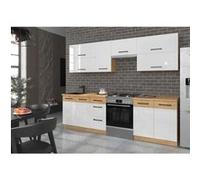 ROCK - Cuisine complete - Mélaminé chene Lancelot et Blanc brillant - 260 cm - Plan de travail non inclus Blanc G