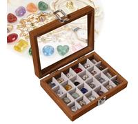 Rock Display Case - Boîte présentoir à bijoux à 24 compartiments en bois de noyer noir - Boîte de collection Rock en bois avec couvercle en verre transparent - Pour bijoux, pierres précieuses et