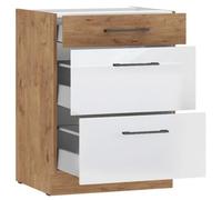 Meuble bas casserolier - Mélaminé chêne Lancelot et blanc brillant - 60 cm - 3 Tiroirs - Plan de travail non inclus