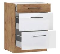 ROCK - Meuble bas casserolier - Mélaminé chêne Lancelot et Blanc brillant - 60 cm - 3 tiroirs - Plan de travail non inclus