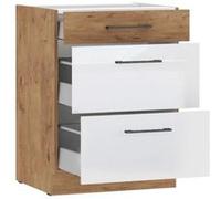 ROCK Meuble bas casserolier Mélaminé chene Lancelot et brillant 60 cm 3 tiroirs Pla