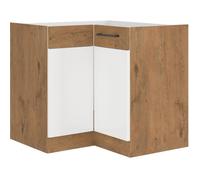 Meuble bas d'angle - Mélaminé chêne Lancelot et blanc brillant - 89 x 89 cm - Plan de travail non inclus