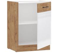 ROCK - Meuble bas - Mélaminé chêne Lancelot et Blanc brillant - 60 cm - 1 porte battante - Plan de travail non inclus