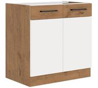 ROCK - Meuble bas - Mélaminé decor chêne Lancelot et Blanc - 80 cm - 2 portes battantes - Plan de travail non inclus