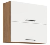 ROCK - Meuble haut - Mélaminé chêne Lancelot et Blanc brillant - 80 cm - 2 portes basculantes