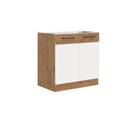 Rock - Meuble sous évier - Mélaminé chêne Lancelot et Blanc brillant - 80 cm - 2 portes battantes - Plan de travail non inclus