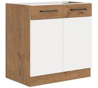 - meuble sous évier - mélaminé chene lancelot et blanc brillant - 80 cm - 2 portes battantes