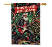 Rock N Roll Drapeau de Noël avec citation du Père Noël 71 x 101 cm | Guitare électrique, drapeau de pelouse, disques vinyle, veste en cuir, thème de musique rock, notes de musique