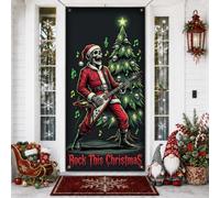 Rock N Roll Housse de porte squelette Père Noël 91,4 x 182,9 cm | Thème de la musique rock, bannière de porche, guitare électrique, ornements de crâne, décoration de vacances tendance