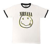 Rock Off officially licensed products Nirvana Ringer T Shirt Double Smile Band Logo Nouveau Officiel Unisex Blanc Size L