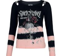 Rock Rebel by EMP Femme Noir/Rose T-Shirt à Manches Longues avec épaules Ouvertes et Rubans décoratifs L