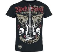Rock Rebel by EMP Homme T-Shirt Noir avec Grand imprimé sur Le Devant et Patchs sur Le Devant et Les épaules M