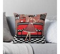 Rockabilly Girl In American Diner Taie d'oreiller carrée Polyester Lin Velours Motif Fermeture Éclair Décor Canapé Housse de coussin