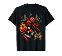 Rockabilly Tattoo Flash Cerise Dés Rasoir Vinyle Peigne T-Shirt
