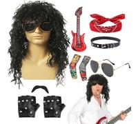 Rocker Costume - Ensemble De Costumes D'Halloween, Kit De Robe Punk | 10pcs Metal Rock Tenue De Perruque Sunglasses Gants Glants Guitar Guitar Avec Bandeau Et Manches Pour Hommes Fête De Mascarade Ou