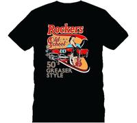 Rockers Old School Rockabilly Classic 60S Greaser Bike DTG Mens Mens Women T Shirt 100% Cotton Manches Courtes(Small)