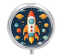 Rocket Clipart Boîte à pilules ronde à 3 compartiments avec miroir de voyage Petit pilulier de voyage mignon Organiseur de vitamines portable pour sac à main