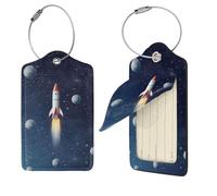 Rocket in Space - Étiquettes de voyage en cuir synthétique avec dos complet, carte d'identité, étiquettes personnalisées pour sacs, étiquettes de valise avec boucle en métal, noir, 1