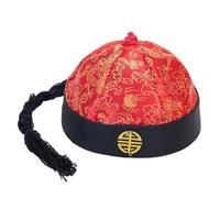 rockible Chapeau Oriental Chinois Qing Empereur, Jeu de rôle avec Queue de Cheval, Casquette de Costume de fête pour Spectacle sur scène, déguisement Cosplay, Rouge Noir 54cm
