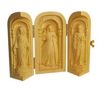 rockible Coffret triptyque en bois sculpté représentant des icônes catholiques et des figures sacrées, ornement religieux léger
