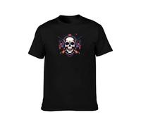 Rockin' Black Cotton Round Collar Tee Featuring Skull with Headphones & Wings Design, Music Lover's Choice L