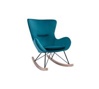Rocking chair design en tissu velours bleu canard, métal noir et bois clair ESKUA